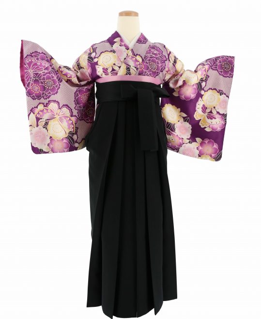 卒業式着物[レトロモダン]紫の絞り風地・八重桜と蝶の花の丸No.109